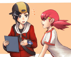  1boy 1girl backwards_hat baseball_cap black_hair bngl0121 commentary_request ethan_(pokemon) hat highres holding holding_pencil jacket looking_at_another notice_lines open_mouth orange_background pencil pink_eyes pink_hair pokegear pokemon pokemon_heartgold_and_soulsilver red_jacket shirt white_shirt whitney_(pokemon) 