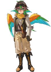  1boy absurdres animification bird_boy bird_wings bishounen black_boots black_gloves black_vest boots brown_hair brown_pants chinese_commentary commentary_request feather_hair_ornament feathers full_body gloves goggles goggles_on_head green_eyes hair_ornament head_wings highres long_sleeves looking_at_viewer male_focus minecraft_youtube open_clothes open_vest pants parrot_boy parrotx2 renlei_changjian_guzhang_yilan shirt simple_background solo standing tachi-e unstable_universe vest white_background white_shirt wings 