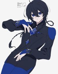  1girl black_hair blue_eyes blue_suit braid closed_eyes closed_mouth commentary_request fingerless_gloves gloves hand_on_own_chest hand_on_own_leg high_collar highres long_braid looking_at_viewer original short_hair sidelocks simple_background solo suit suitei tagme twin_braids white_background wolf_cut 