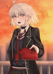  1girl absurdres ahoge black_cardigan black_choker black_jacket black_skirt box cardigan choker commentary_request earrings facing_viewer fate/grand_order fate_(series) hand_on_own_hip highres holding holding_box incoming_gift jacket jeanne_d'arc_alter_(fate) jewelry looking_to_the_side necktie nknnkn1368 open_mouth red_necktie shirt skirt solo stud_earrings valentine white_hair white_shirt 