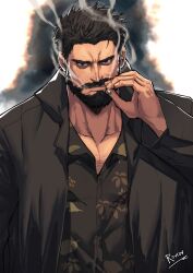  1boy beard billy_butcher black_coat black_hair coat facial_hair full_beard hawaiian_shirt highres male_focus mature_male rovrov shirt solo the_boys thick_beard 