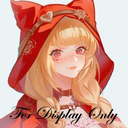  1girl animal_ear_hood animal_ears asymmetrical_eyewear belt belt_buckle belt_collar blonde_hair blunt_bangs braid brown-framed_eyewear buckle chinese_commentary cloak closed_mouth collar commentary_request commission eyelashes eyeliner facepaint floral_print flower flower-shaped_eyewear freckles frilled_shirt frills goggles goggles_on_headwear gold_buttons grey_background hair_over_shoulder happy heart heart-shaped_eyewear hood hood_up hooded_cloak infinity_nikki light_blush lipstick long_hair looking_at_viewer low_twin_braids makeup nikki_(series) pink_lips print_cloak red_belt red_cloak red_eyeliner red_eyes ribbon-trimmed_shirt ribbon_trim rose rose_print sample_watermark she_is_wildfire_(infinity_nikki) shirt simple_background smile solo twin_braids upper_body very_long_hair watermark white_shirt wolf_ears yellow-framed_eyewear yellow_flower yellow_rose youyutiao 