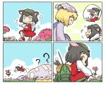  ? animal_ears blonde_hair bloomers brown_eyes cat_ears cat_tail chasing chen closed_eyes comic flower grasshopper hands_in_sleeves hat meadow multiple_girls multiple_tails ohyo tail touhou yakumo_ran 