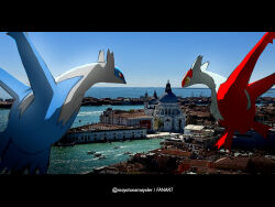  blue_sky commentary day flying latias latios letterboxed mayotsunamayo ocean outdoors photo_background pokemon pokemon_(creature) red_eyes sky twitter_username venice water yellow_eyes 
