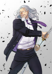  1boy beard belt black_pants brown_belt commentary_request drawing_sword facial_hair glasses gradient_background grey_hair highres holding holding_sword holding_weapon long_sleeves looking_to_the_side male_focus mature_male musasabiop necktie old old_man one_piece open_mouth pants purple_necktie round_eyewear scar scar_across_eye scar_on_face shirt silvers_rayleigh solo suit sword weapon white_shirt 