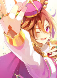  1girl animal_ears ark_rex arm_up armor blush breasts cape commentary_request crown fingerless_gloves gloves hair_between_eyes highres horse_ears horse_girl jewelry long_sleeves looking_at_viewer mini_crown multiple_rings one_eye_closed open_mouth orange_hair pink_cape pink_crown ring shirt short_hair shoulder_armor single_fingerless_glove smile solo t.m._opera_o_(o_sole_suo!)_(umamusume) t.m._opera_o_(umamusume) teeth two-tone_skirt umamusume upper_body violet_eyes white_shirt 