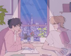  2boys a_co_pi ash_lynx banana_fish bespectacled black_hair blonde_hair book chocolate_chip_cookie cityscape coffee_mug collared_shirt commentary_request cookie cup elbow_rest flower food glass_bottle glasses head_rest holding holding_book holding_cup holding_pen indoors looking_at_another male_focus mug multiple_boys night okumura_eiji open_book parted_lips pen plant plate potted_plant red_flower red_shirt shelf shirt sitting smile table window 