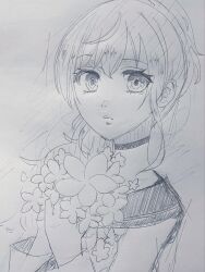  1girl asahina_mafuyu bouquet choker closed_mouth commentary_request expressionless eyelashes flower graphite_(medium) hair_over_shoulder hatching_(texture) high_ponytail highres long_hair looking_at_viewer ponytail portrait project_sekai sailor_collar shirt sidelocks solo tanabe_rui_(artist) traditional_media upper_body wavy_hair wavy_sidelocks 