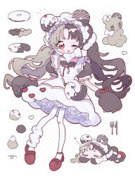  1girl ;3 ;d absurdres animal_ears animal_hands apron bear_ears bear_girl blush_stickers brown_dress brown_eyes brown_gloves brown_hair chibi claws commentary_request dress full_body gloves grey_hair hat highres long_hair looking_at_viewer multicolored_hair multiple_views niyu_(nennenkorori3) one_eye_closed open_mouth original pantyhose paw_gloves petticoat polka_dot polka_dot_background red_shoes shoes short_sleeves smile solo split-color_hair standing thick_eyebrows twintails two-tone_hair white_apron white_background white_hat white_pantyhose 