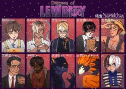  1girl 6+boys alex_(degrees_of_lewdity) alex_(male)_(degrees_of_lewdity) apron avery_(male)_(degrees_of_lewdity) bandage_on_hand bandage_on_nose beard bird_boy black_hair black_wolf_(degrees_of_lewdity) black_wolf_(male)_(degrees_of_lewdity) blonde_hair blue_eyes blue_necktie blue_scarf brown_eyes brown_hair cigarette clipboard collared_shirt colored_sclera commentary copyright_name cross cross_necklace degrees_of_lewdity eden_(degrees_of_lewdity) eden_(male)_(degrees_of_lewdity) english_commentary extra_eyes eyebrow_piercing face_piercing facial_hair glasses great_hawk_(degrees_of_lewdity) great_hawk_(male)_(degrees_of_lewdity) green_eyes grey_eyes hair_ornament hair_over_one_eye hairclip hat heterochromatic_eyewear highres holding holding_clipboard jewelry kylar_(degrees_of_lewdity) kylar_(male)_(degrees_of_lewdity) lip_piercing mullmullchan multicolored_hair multiple_boys mustache necklace necktie orange_sclera overalls piercing player_character_(degrees_of_lewdity) player_character_(female)_(degrees_of_lewdity) priest red_eyes red_hair robin_(degrees_of_lewdity) robin_(male)_(degrees_of_lewdity) scar scar_on_cheek scar_on_face scar_on_nose scarf shirt straw_hat striped_clothes striped_necktie sweat sydney_(degrees_of_lewdity) sydney_(male)_(degrees_of_lewdity) tinted_eyewear two-tone_hair white_hair whitney_(degrees_of_lewdity) whitney_(male)_(degrees_of_lewdity) wolf_boy yellow_sclera 