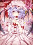  ascot bad_id bat_wings blush brooch flower gingetsu_ringo hat hat_ribbon highres jewelry pink_eyes remilia_scarlet ribbon shirt short_hair skirt skirt_set smile solo touhou wings wrist_cuffs wrist_ribbon 