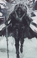  2others armor armored_boots arms_around_neck black_armor black_cape black_helmet boots cape carrying commentary_request commission facing_viewer full_armor gauntlets graffitigw helmet highres holding holding_sword holding_weapon hood hood_up multiple_others original piggyback sword watermark watermark_grid weapon 