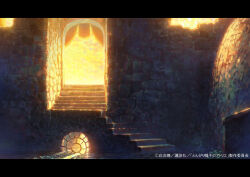  arch black_border border brick_stairs brick_wall cobblestone cola_(gotouryouta) color_contrast commentary_request concrete copyright_name copyright_notice door doorway glowing gradient_sky high_contrast letterboxed multicolored_sky no_humans official_art orange_sky scenery sewer sky stairs stone_stairs stone_wall tongari_boushi_no_atelier water window_shadow 