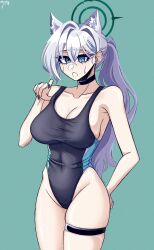  absurdres animal_ears artist_name bare_shoulders bikini blue_archive blue_eyes blue_one-piece_swimsuit broken_halo choker green_background hair_ornament halo highres kumori0_(cloudy) looking_at_viewer nail_polish one-piece_swimsuit open_mouth pointing pointing_at_viewer ponytail shiroko_(blue_archive) shiroko_terror_(blue_archive) simple_background single_sidelock swimsuit thigh_sheath water_drop white_hair wolf_ears 