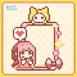  1girl ahoge animal artist_request black_ribbon blush_stickers border bow bowtie brown_eyes cat checkered_background chibi clothed_animal commentary copyright_logo dotted_line ear_covers english_commentary hair_ribbon hand_on_own_cheek hand_on_own_face heart hood hood_up infinity_nikki logo long_hair long_sleeves low_twintails momo_(nikki) nikki_(nikki) nikki_(series) no_mouth official_art pink_hair pixel_art red_bow red_bowtie ribbon second-party_source shirt sparkle speech_bubble spoken_heart tareme tress_ribbon twintails very_long_hair white_cat white_shirt yellow_background yellow_border yellow_hood 