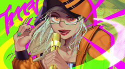  1girl \n/ armband baseball_cap black_hat blonde_hair cherry_blossom_edamame collarbone commentary_request dark-skinned_female dark_skin glitch green-framed_eyewear green_armband green_nails halftone halftone_background hat highres holding holding_microphone hood hoodie licking_lips looking_at_viewer microphone open_mouth orange_eyes orange_hood orange_hoodie path_to_nowhere peggy_(path_to_nowhere) red_lips semi-rimless_eyewear tongue tongue_out 