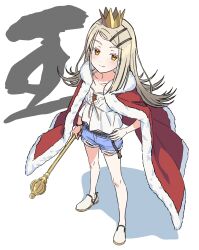  1girl armlet blonde_hair camisole cape crown denim denim_shorts full_body gakuen_idolmaster gradient_hair hair_ornament hairclip highres holding holding_staff idolmaster jewelry kousuke0912 looking_at_viewer multicolored_hair orange_eyes parallel_hairclips parted_bangs red_cape rope_belt shadow shinosawa_hiro shoes shorts staff white_background white_camisole 