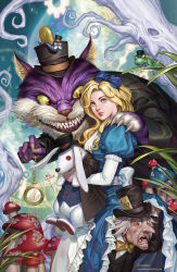  1boy 1girl 3others alice's_adventures_in_wonderland alice_(alice_in_wonderland) apron blonde_hair blue_dress blue_eyes bow caterpillar_(alice_in_wonderland) cheshire_cat_(alice_in_wonderland) dress from_side hair_bow hat highres in-hyuk_lee long_dress long_hair looking_at_viewer mad_hatter_(alice_in_wonderland) multiple_others outdoors puffy_short_sleeves puffy_sleeves puppet short_sleeves stuffed_animal stuffed_toy top_hat watch white_rabbit_(alice_in_wonderland) 