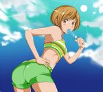  ass bent_over brown_eyes brown_hair candy food legs lollipop looking_at_viewer looking_back persona persona_4 popsicle satonaka_chie short_hair shorts solo suta_furachina tank_top 