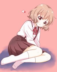  1girl :o absurdres brown_eyes brown_hair brown_skirt dress_shirt full_body heart highres honzoumiz kneehighs knees light_blush long_sleeves looking_at_viewer neck_ribbon ogawa_kokoro on_floor oomuro-ke pink_background pleated_skirt red_ribbon ribbon school_uniform shirt short_hair skirt socks solo suspender_skirt suspenders tareme white_shirt white_socks yuruyuri 