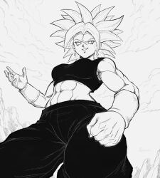  abs breasts clouds commentary crop_top dragon_ball dragon_ball_super dragon_ball_z earrings from_below gloves greyscale highres jewelry kefla_(dragon_ball) medium_breasts medium_hair monochrome muscular potara_earrings smile smug spiky_hair sydoria toned 