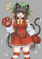  1girl alternate_hair_length_(longer) animal_ear_fluff animal_ear_piercing animal_ears animal_hands black_hair blush bow bowtie breasts brown_eyes cat_ears cat_girl cat_paws cat_tail chen dress fang green_hat grey_background hat highres kouunaibennki long_hair long_sleeves looking_at_viewer mob_cap mole mole_under_mouth multicolored_thighhighs multiple_tails open_mouth red_dress red_thighhighs simple_background slit_pupils solo striped_clothes striped_thighhighs tail thigh-highs touhou two-tone_thighhighs two_tails white_thighhighs yellow_bow yellow_bowtie 