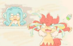  2others black_eyes can closed_eyes commentary_request crying happy_tears laughing multiple_others open_mouth outstretched_arms pokemon pokemon_(creature) simipour simisear spread_arms streaming_tears suzutician tears 