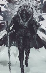  2others armor armored_boots arms_around_neck black_armor black_cape black_helmet boots cape carrying commentary commission english_commentary facing_viewer full_armor full_body gauntlets graffitigw helmet highres holding holding_sword holding_weapon hood hood_up multiple_others original piggyback second-party_source sword weapon 