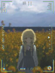  1girl absurdres asahinagi_shio black_overskirt black_ribbon black_vest blonde_hair blue_skirt blurry blurry_background blurry_foreground blush bow bowtie braid clouds cloudy_sky commentary depth_of_field dress_shirt field flower flower_field fujita_kotone gakuen_idolmaster hair_ribbon hatsuboshi_gakuen_school_uniform highres idolmaster long_hair looking_at_viewer outdoors plaid_bow plaid_bowtie plaid_clothes pleated_skirt recording ribbon school_uniform shirt skirt sky solo twin_braids vest white_shirt 
