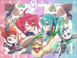  2girls ahoge aqua_eyes aqua_hair aqua_necktie aqua_trim arm_tattoo black_skirt blush boots borrowed_hairstyle closed_mouth collared_shirt commentary_request detached_sleeves ditto drill_hair farfetch'd grey_shirt hair_between_eyes hair_ornament hatsune_miku headset kasane_teto kasane_teto_(utau) long_hair long_sleeves looking_at_another looking_at_viewer meloetta meloetta_(aria) meloetta_(pirouette) mido_(mido504) miniskirt mirror multiple_girls necktie number_tattoo one_eye_closed pleated_skirt pokemon project_voltage red_eyes red_hair red_necktie red_trim shirt skirt smile sudowoodo tattoo twin_drills twintails twitter_username unown unown_! unown_? utau very_long_hair vocaloid wide_sleeves 