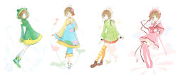  4girls absurdres animal_hood antenna_hair bare_shoulders belt belt_buckle beret black_belt blue_dress blue_pants blue_shoes boots brown_boots brown_hair buckle capelet cardcaptor_sakura chinese_clothes circle_skirt clenched_hand closed_mouth collared_jacket collared_shirt commentary_request contrast_collar detached_sleeves dress eyelashes flats floral_background floral_print flower frilled_dress frills frog_hood full_body green_boots green_dress green_eyes green_shirt green_sleeves hair_flower hair_ornament hand_on_own_chest happy hat hat_ribbon high_collar highres holding holding_wand hood hood_up hooded_dress jacket kinomoto_sakura kinomoto_sakura_(frog) kinomoto_sakura_(lotus) kinomoto_sakura_(silk_ribbon) kneehighs layered_sleeves leaning_forward leg_ribbon long_sleeves looking_at_viewer lotus magical_girl mining_helmet miqing multicolored_thighhighs multiple_girls multiple_persona neck_ribbon open_mouth orange_thighhighs pants pants_under_dress pink_boots pink_capelet pink_dress pink_flower pink_hat pleated_dress pleated_skirt print_dress red_ribbon red_skirt ribbon shirt shoe_belt shoes short_dress short_hair_with_long_locks sidelocks single_stripe skirt sleeveless sleeveless_dress sleeves_past_wrists smile socks sparkle standing star_(symbol) striped_ribbon tareme thigh-highs thigh_boots thigh_ribbon two-tone_thighhighs wand white_background white_hat white_socks wide_sleeves winged_wand yellow_jacket yellow_theme 