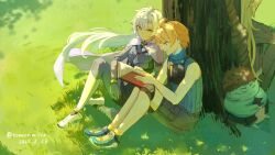  1girl 3boys a_(xenoblade) against_tree artist_name black_shorts blonde_hair blue_eyes blue_sweater book brown_hair closed_eyes closed_mouth commentary_request dated day floating_hair grey_hair highres holding holding_book knee_pads multiple_boys nikol_(xenoblade) nopon open_book outdoors reading riku_(xenoblade) shoes shorts shulk_(xenoblade) sitting sleeveless sleeveless_sweater smile sweater tomorimoriri tree turtleneck turtleneck_sweater twitter_username xenoblade_chronicles_(series) xenoblade_chronicles_3 xenoblade_chronicles_3:_future_redeemed 