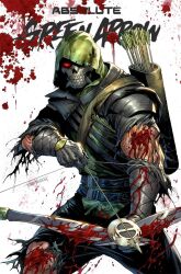  1boy absolute_dc archery arrow_(projectile) bow_(weapon) cloak comic_cover cover cover_page dc_comics green_arrow_(absolute_dc) green_arrow_(series) green_hood green_mask highres holding holding_arrow holding_bow_(weapon) holding_weapon hood hooded_cloak male_focus mask muscular muscular_female solo superhero_costume tyler_kirkham weapon 