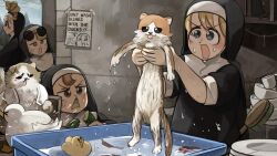  4girls baby_animal bird blonde_hair blue_eyes brown_eyes brown_hair bunny_nun_(diva) cat chicken chili_pepper clumsy_nun_(diva) commentary cucumber cup diva_(hyxpk) duck duckling english_commentary eyewear_on_head froggy_nun_(diva) grey_hair hair_ornament highres little_nuns_(diva) multiple_girls note nun plate poster_(object) rabbit_hair_ornament round_eyewear spicy_nun_(diva) star_ornament sunglasses traditional_nun triangle_mouth wet whistle yellow_eyes 