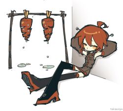  1girl ^_^ against_wall arms_behind_head arms_up bare_shoulders black_boots boots buttons closed_eyes closed_mouth collared_shirt colored_shoe_soles commentary crossed_legs deformed detached_sleeves double-parted_bangs drying english_commentary facing_ahead full_body grey_shirt grey_skirt grey_sleeves hair_between_eyes highres kasane_teto kasane_teto_(utau) knee_up long_legs long_sleeves miniskirt multicolored_boots pleated_skirt pocket pout puffy_long_sleeves puffy_sleeves red_boots red_hair red_trim shadow shirt short_hair simple_background skirt sleeveless sleeveless_shirt solo takawoyu two-tone_boots utau wet white_background zettai_ryouiki 