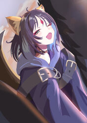  1girl ;d absurdres ahoge animal_ears black_choker blush cho_kaguya-hime! choker commentary_request facial_mark forehead_mark fox_ears fox_girl green_eyes highres looking_at_viewer one_eye_closed open_mouth outdoors purple_hair purple_robe robe sakayori_iroha short_hair sky smile solo uonun_illust 