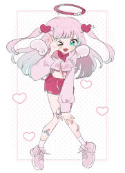  >_o 1girl ;d bandaged_halo bandaid bandaid_on_knee bandaid_on_leg blush_stickers commentary_request crop_top cropped_hoodie drawstring fangs full_body gradient_hair green_eyes green_hair hair_ornament halo heart heart_hair_ornament highres hood hood_down hoodie long_hair long_sleeves looking_at_viewer mini_wings multicolored_hair niyu_(nennenkorori3) ok_sign ok_sign_over_eye one_eye_closed open_mouth original pink_hair pink_shoes polka_dot polka_dot_background red_halo red_shorts shoes shorts smile sneakers socks solo standing two_side_up white_background white_socks wings 
