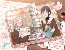  2girls :d ^_^ a_deru_note aqua_neckerchief black_hair black_shirt blush bookmark brown_dress ceras_yanagida_lilienfeld character_logo cherry_blossoms closed_eyes colored_eyelashes colored_pencil commentary dress edel_note flower grey_hair hair_ornament hair_ribbon hanamaru hasu_no_sora_school_uniform highres holding holding_notebook idgukgu indoors jellyfish_cut katsuragi_izumi link!_like!_love_live! long_sleeves looking_at_viewer love_live! multiple_girls neckerchief notebook open_mouth orange_eyes pencil petals pink_flower pink_petals pink_ribbon ribbon sailor_collar sailor_dress school_uniform shirt smile star_(symbol) test_score triangle_hair_ornament turtleneck turtleneck_shirt undershirt virtual_youtuber white_sailor_collar winter_uniform yellow_neckerchief 