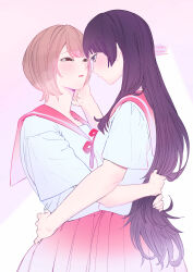  2girls absurdres arms_around_another's_waist brown_hair commentary eye_contact hand_on_another's_waist highres hug long_hair looking_at_another multiple_girls original parted_lips pink_background pink_sailor_collar pink_skirt pleated_skirt purple_hair sailor_collar school_uniform serafuku shirt short_hair skirt valentine_(02140314c) white_shirt yuri 