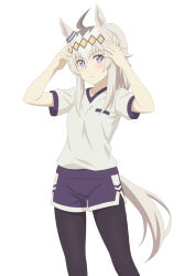  1girl absurdres adjusting_hair_ornament ahoge animal_ears black_pantyhose blue_eyes blue_shorts caster_project closed_mouth commentary diamond_hairband ear_ornament grey_hair gym_shirt gym_shorts highres horse_ears horse_girl kasamatsu_tracen_training_uniform light_frown long_hair looking_at_viewer oguri_cap_(umamusume) pantyhose pantyhose_under_shorts shirt short_shorts short_sleeves shorts simple_background solo standing t-shirt umamusume umamusume:_cinderella_gray v-neck white_background white_shirt 