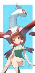  1girl absurdres bianca_(pokemon_heroes) blue_background blush brown_eyes brown_hair closed_mouth commentary_request eyelashes green_shirt hand_on_own_knee highres hunun invisible_chair knees knees_together_feet_apart latias looking_down medium_hair pokemon pokemon_(anime) pokemon_(classic_anime) pokemon_(creature) pokemon_heroes:_latios_&amp;_latias shirt short_sleeves sitting skirt smile socks two_side_up white_skirt 