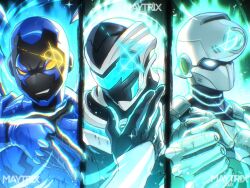  armor artist_name aura blue_beetle blue_visor clenched_hand commentary dc_comics english_commentary glint glowing glowing_eyes highres invincible_(series) max_steel max_steel_(character) maytrixxdx power_armor smirk tech_jacket trait_connection yellow_eyes 