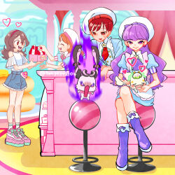  4girls apron ascot aura blue_boots blue_dress blue_shorts boots brown_hair casual closed_eyes clothing_cutout commentary crossed_legs cutoffs dark_aura denim denim_shorts dress earrings english_commentary giving_food hairband heart in-franchise_crossover indoors jaw_drop jewelry kenjou_akira kimi_to_idol_precure kirakira_patisserie_uniform kirakira_precure_a_la_mode kotozume_yukari long_hair looking_at_another medium_hair meroron_(fairy)_(precure) multiple_girls open_mouth pact_holder pastry_box petting pink_hairband pink_shoes precure puffy_short_sleeves puffy_sleeves purirun_(fairy)_(precure) purple_ascot purple_hair red_ascot red_eyes red_hair sakura_uta_(precure) shirt shoes short_hair short_shorts short_sleeves shorts shoulder_cutout sitting smile socks standing stool sweatdrop ton_(ton39342104) twitter_username usami_ichika very_long_hair violet_eyes white_apron white_berets white_shirt white_socks 