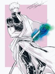  1boy absurdres belt bokken chinese_commentary closed_mouth commentary_request dated feet_out_of_frame gintama hadanugi_dousa hair_between_eyes happy_birthday highres japanese_clothes kimono limited_palette long_sleeves looking_at_viewer male_focus messy_hair muscular muscular_male pants pectoral_cleavage pectorals pink_background popped_collar sakata_gintoki sash shirt short_sleeves signature smile solo sword toned toned_male weapon white_hair white_kimono wooden_sword yunogama01 