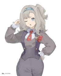  1girl ;o absurdres artist_name blue_eyes blue_hairband clenched_hand collared_shirt cowboy_shot diagonal-striped_clothes diagonal-striped_necktie grey_hair grey_shorts grey_sweater hairband hand_on_own_hip hand_up highres looking_at_viewer matilda_bouanich medium_hair necktie one_eye_closed one_side_up red_necktie reverse:1999 rifyaa shirt shorts solo striped_clothes sweater white_shirt 