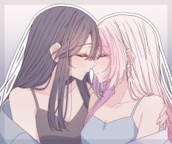  2girls black_camisole black_hair blue_camisole border camisole closed_eyes closed_mouth commentary gradient_hair grey_border hand_on_another's_arm highres hitozuma_kyoushi_ga_oshiego_no_joshikousei_ni_dohamari_suru_hanashi ichigohara_itsuki kousaka_0v0 long_hair multicolored_hair multiple_girls outline pink_hair smile togawa_rin upper_body white_hair white_outline yuri 