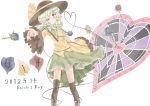  black_legwear blue_eyes blue_rose bow character_name cross-laced_footwear dartboard flower green_hair hat hat_bow heart heart_of_string highres karua_m komeiji_koishi rose simple_background skirt smile solo third_eye touhou white_background wink 