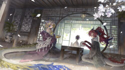  1boy 1girl absurdres arknights bare_shoulders beads black_pants blonde_hair blue_hair braid branch brother_and_sister closed_mouth coat colored_extremities commentary cup day dragon_boy dragon_girl dragon_horns dragon_tail english_commentary falling_petals flower frills fudepenbrushpen green_eyes grey_eyes grey_hair grey_jacket grey_pants hair_flower hair_ornament highres holding holding_teapot horns jacket lattice long_hair multicolored_hair off_shoulder official_alternate_costume pants petals plant pointy_ears potted_plant pouring profile purple_coat purple_flower red_hair shawl shu_(arknights) shu_(spring_feast)_(arknights) siblings table tail tassel tea teacup teapot white_flower white_shawl wide_sleeves wind wooden_table yu_(arknights) 