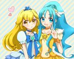  blonde_hair blue_eyes blue_hair bow brooch choker cosplay costume_switch cure_marine cure_marine_(cosplay) cure_peace cure_peace_(cosplay) heart heartcatch_precure! jewelry kise_yayoi kurumi_erika long_hair magical_girl multiple_girls nomeo ponytail precure ribbon smile smile_precure! v yellow_eyes 
