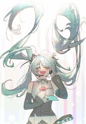  1girl :d aqua_hair aqua_necktie bare_shoulders blush closed_eyes collared_shirt commentary detached_sleeves facing_viewer floating_hair hair_ornament hatsune_miku holding holding_poke_ball long_hair man_du_0 miku_day necktie open_mouth poke_ball poke_ball_(basic) pokemon shirt sleeveless smile solo twintails untranslatable_commentary upper_body very_long_hair vocaloid 